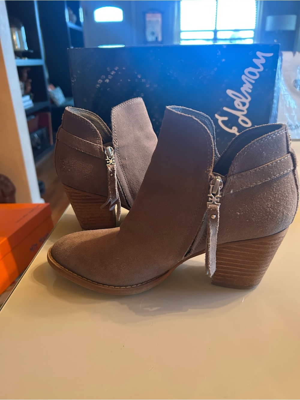 Sam Edelman Taupe Suede Ankle Booties with Tassel Zipper